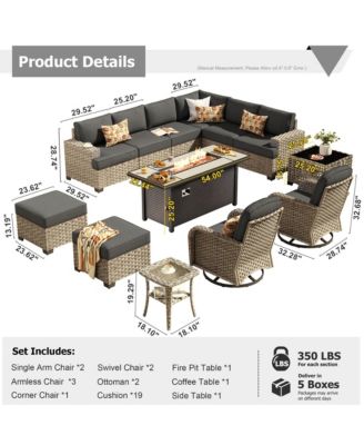 13 Piece Outdoor Patio Furniture Sets with Fire Pit Table,All Weather Wicker Sectional Sofa with Extra Deep Patio Swivel Chairs and Solar PoweRed Coffee Table for