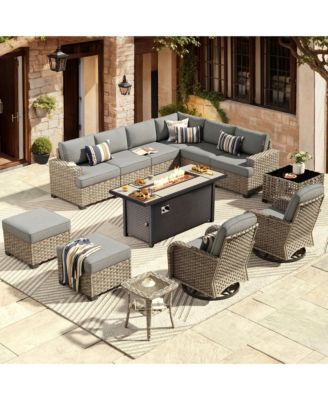 13 Piece Outdoor Patio Furniture Sets with Fire Pit Table,All Weather Wicker Sectional Sofa with Extra Deep Patio Swivel Chairs and Solar PoweRed Coffee Table for