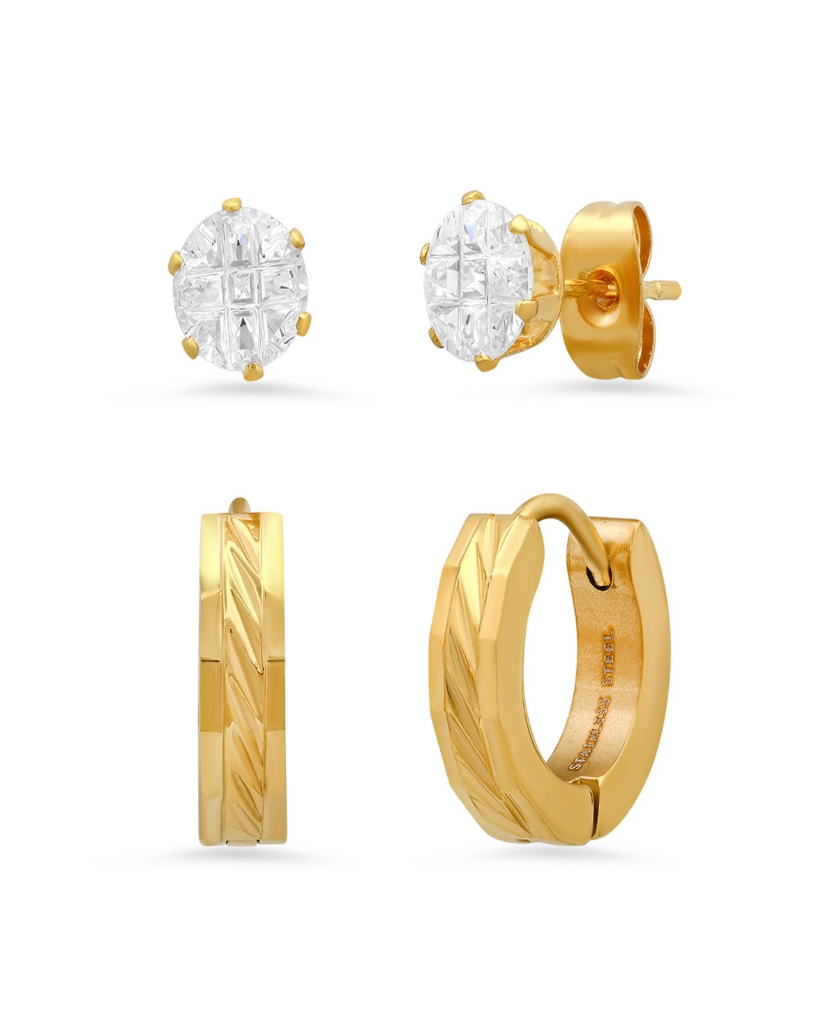 Women's 2 Pieces Set Simulated Diamonds Studs and Diamond Cut Huggie Earrings - Gold