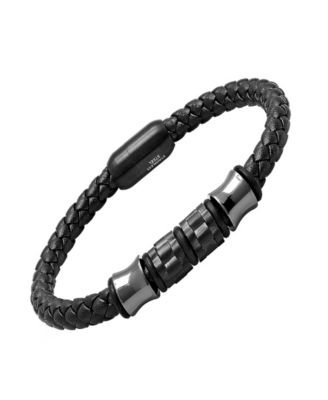Men’s Black Braided Leather and Black IP Stainless Steel Bracelet