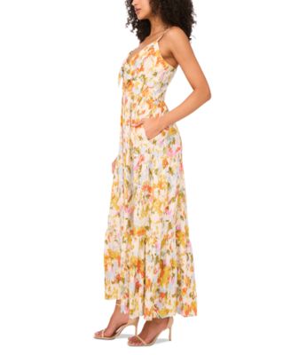 Women's Printed V-Neck Sleeveless Tiered Maxi Dress