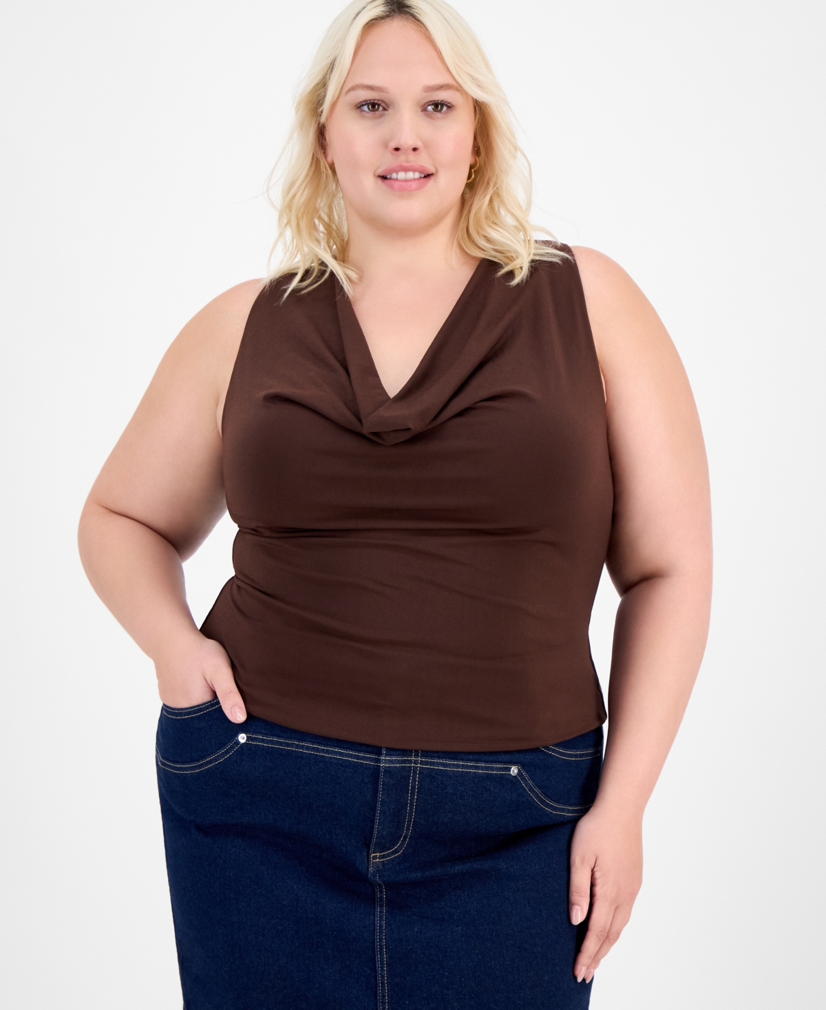 Trendy Plus Crepe Sleeveless Cowlneck Top, Exclusively at Macy's - Chicory Coffee