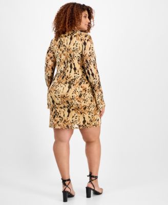 Trendy Plus Size Leopard-Print Long-Sleeve Mesh Dress, Exclusively at Macy's 