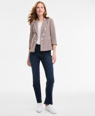 Shop Jones New York Womens Checkered Print Faux Double Breasted Jacket Extended Shoulder Lattice Neck Top Lexington Mid 