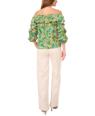 Women's Paisley-Print Ruffled Off-The-Shoulder Bubble 3/4-Sleeve Blouse
