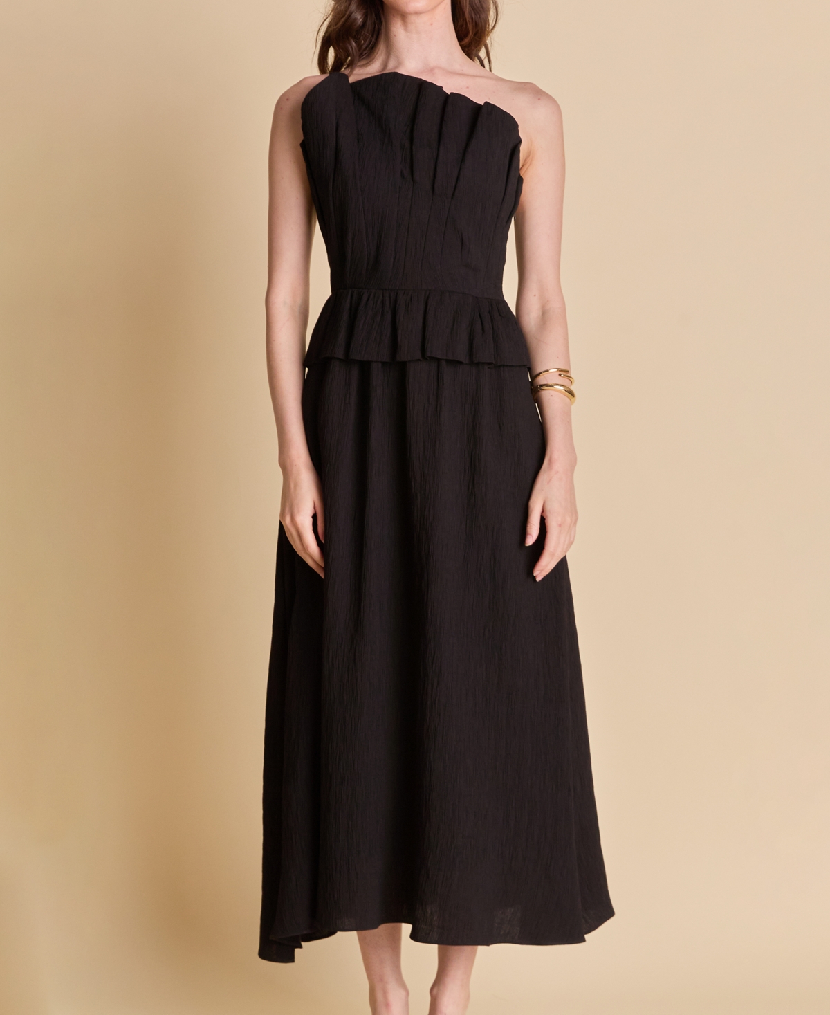 ENGLISH FACTORY WOMEN'S RUFFLED STRAPLESS MIDI DRESS 