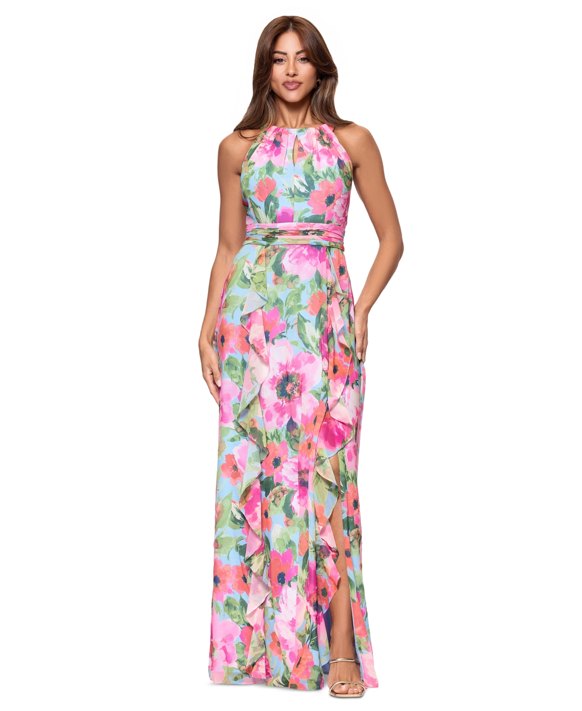 Xscape Women's Floral Chiffon Ruffled Tiered Halter Gown