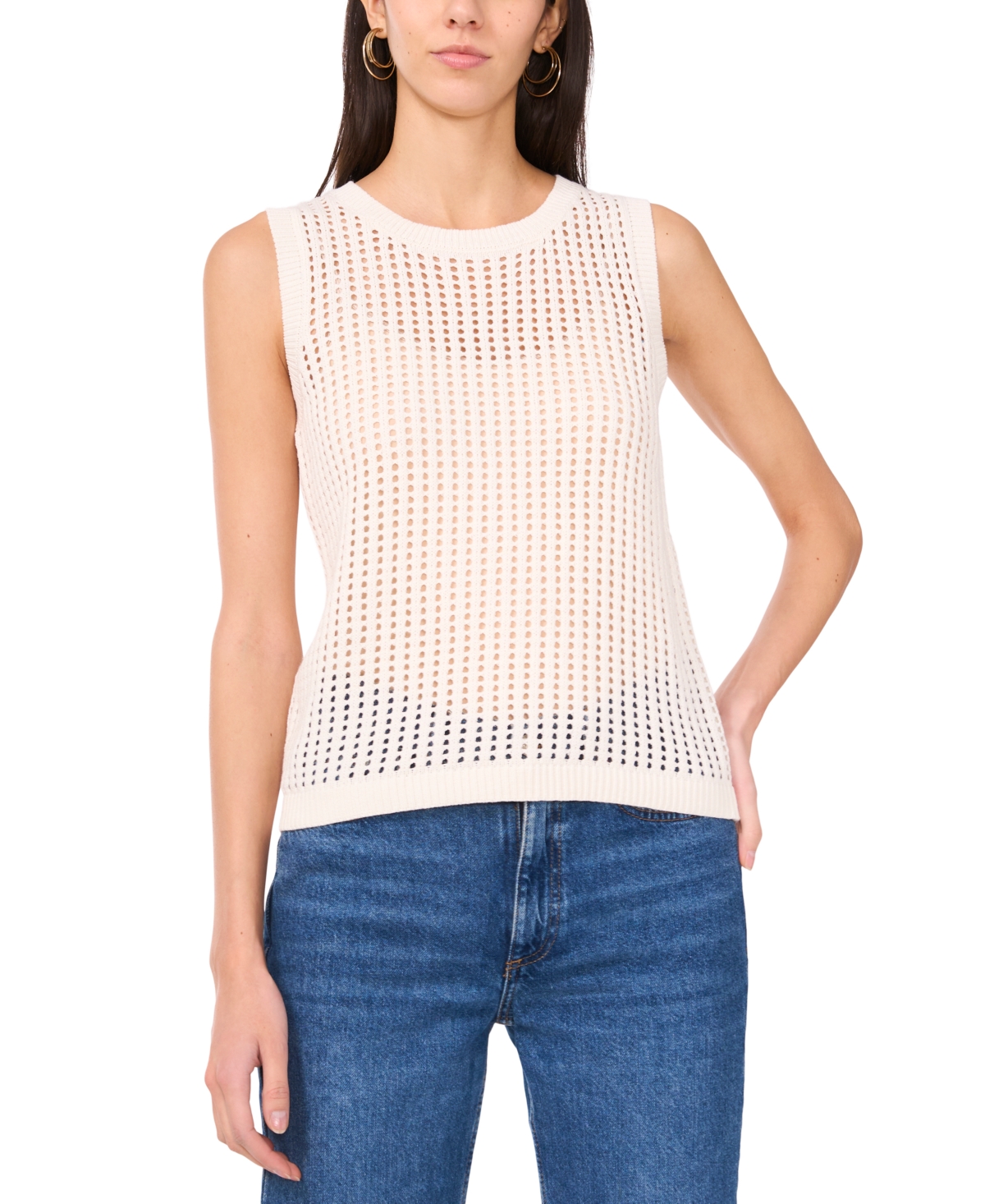 Women's Open-Knit Crochet Crewneck Sweater - Goji Berry
