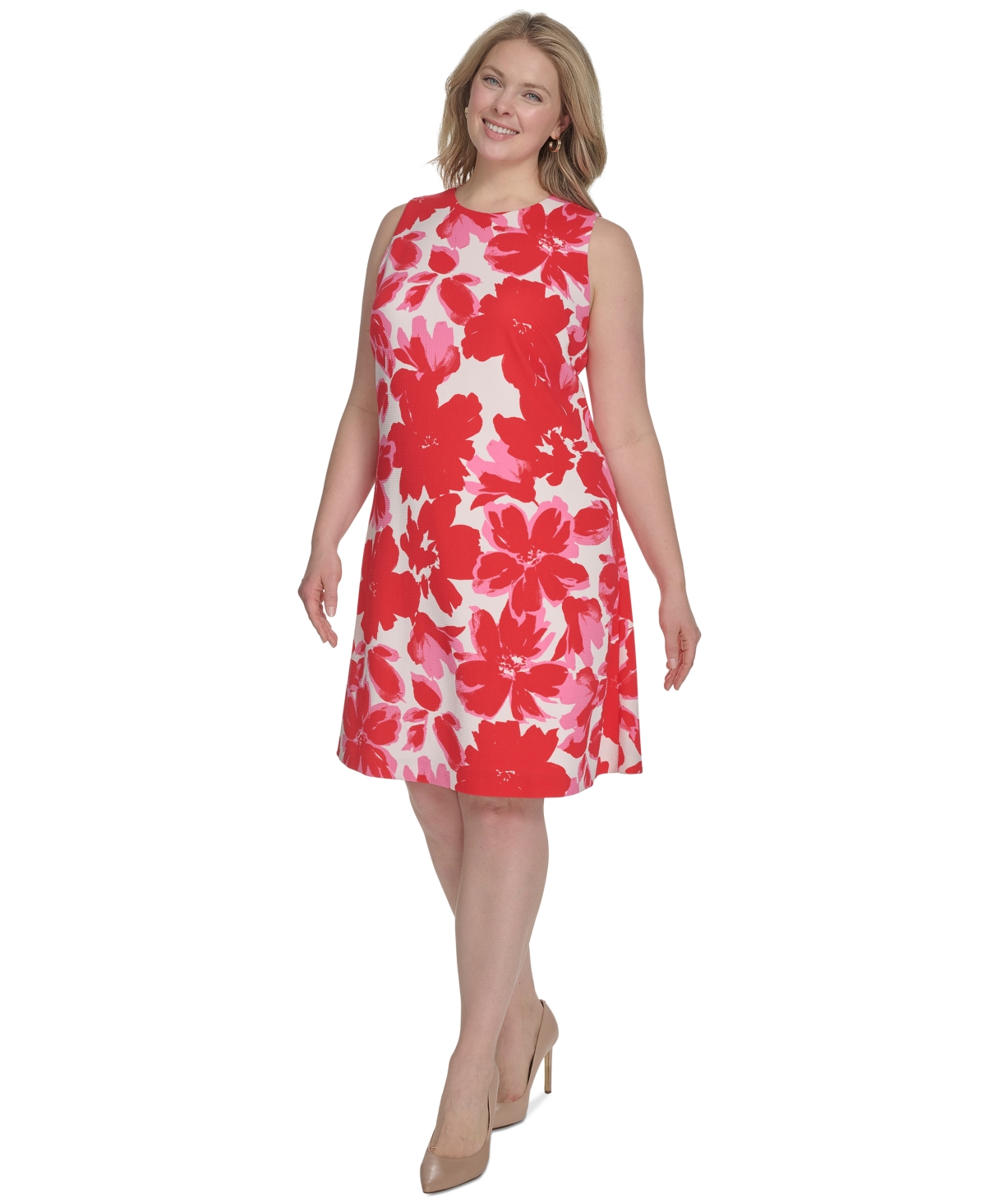 Jessica Howard Plus Size Floral-print Sleeveless Shift Dress In Red