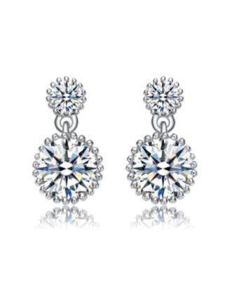White Gold Plated with Cubic Zirconia Two-Stone Milgrain Dangle Drop Earrings