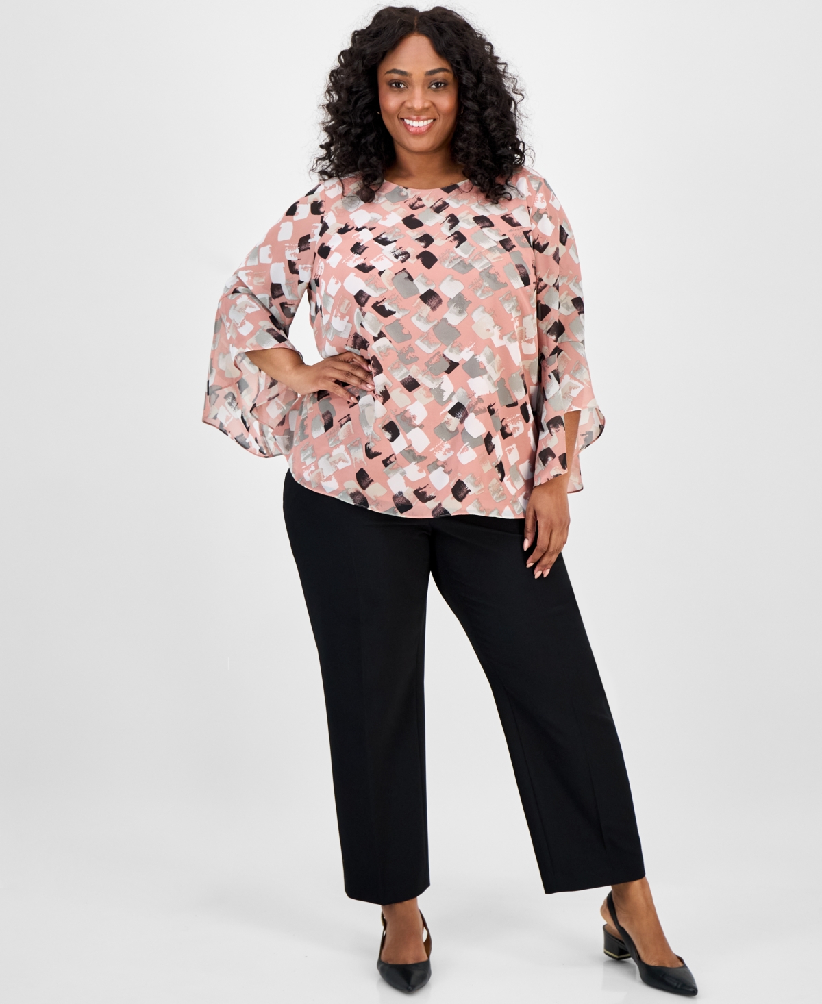 Kasper Plus Size Printed Bell-sleeve Blouse