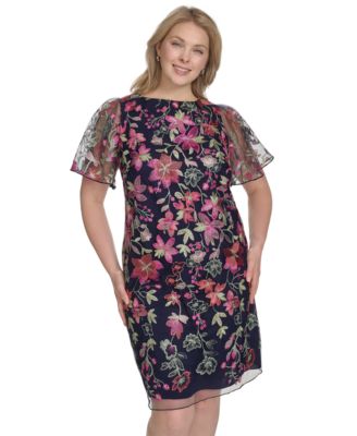 Plus Size Floral Embroidered Flutter-Sleeve Dress