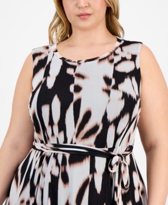 Plus Size Belted Printed Sleeveless Midi Dress