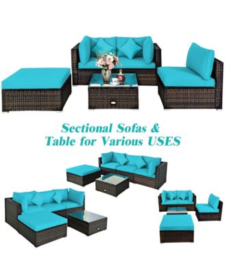 5PCS Rattan Patio Conversation Set Outdoor Furniture Set w/ Ottoman Turquoise Cushion