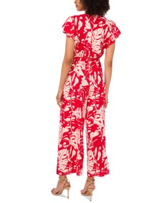 Women's Printed Tie-Waist Flutter-Sleeve V-Neck Jumpsuit