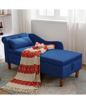 Velvet Upholstered Chaise Lounge with Storage and Pillow, Tufted Rolled Arm Chair with Nailhead Trim for Living Room or Bedroom