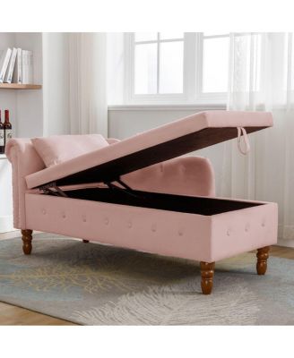 Velvet Upholstered Chaise Lounge with Storage and Pillow, Tufted Rolled Arm Chair with Nailhead Trim for Living Room or Bedroom