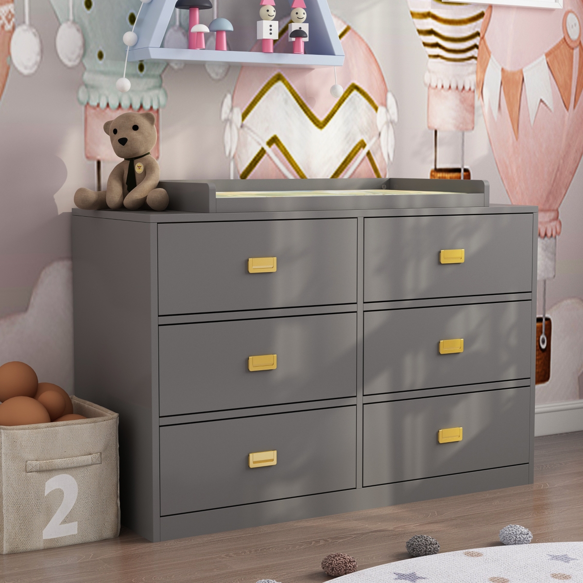 Changing table with six drawers, baby changing station with changing table top and drawers, grey wood - Grey