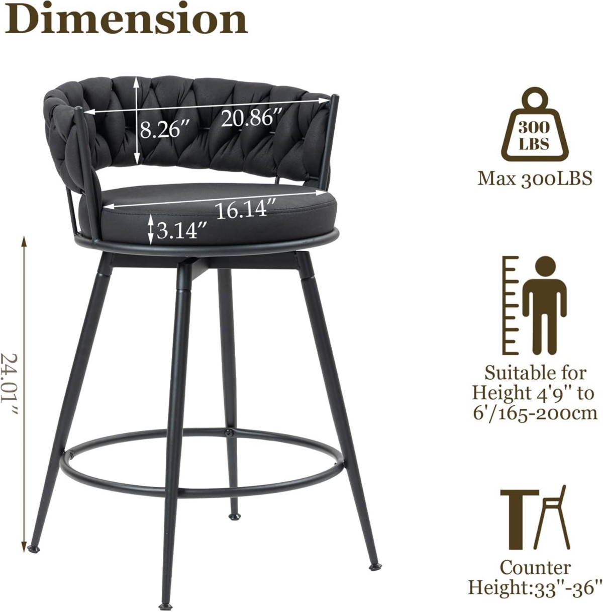 Dyhome 26 Inch Counter Height Bar Stools Set of 2, Swivel Pu Leather with Wood Backs, for Kitchen Island, Dining Room