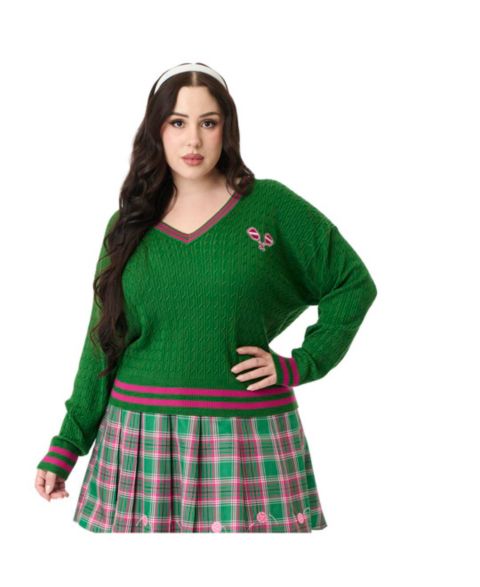 Женский свитер Smak Parlour Plus Size Drop Shoulder, цвет: Зелёный / Розовый