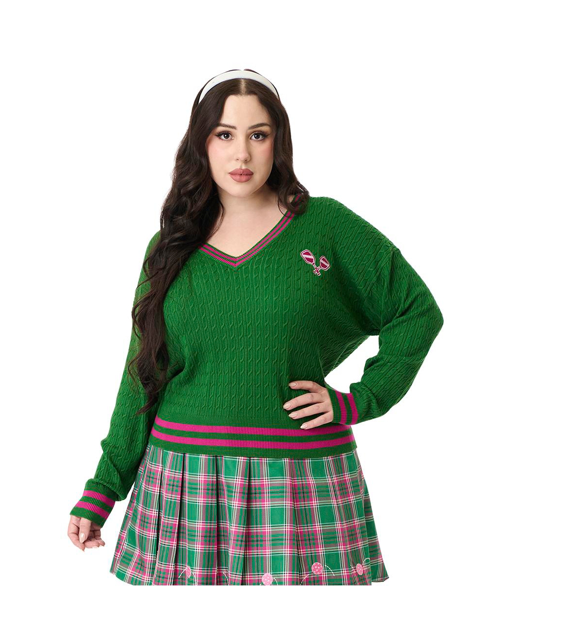 Plus Size Drop Shoulder Sweater - Green/pink