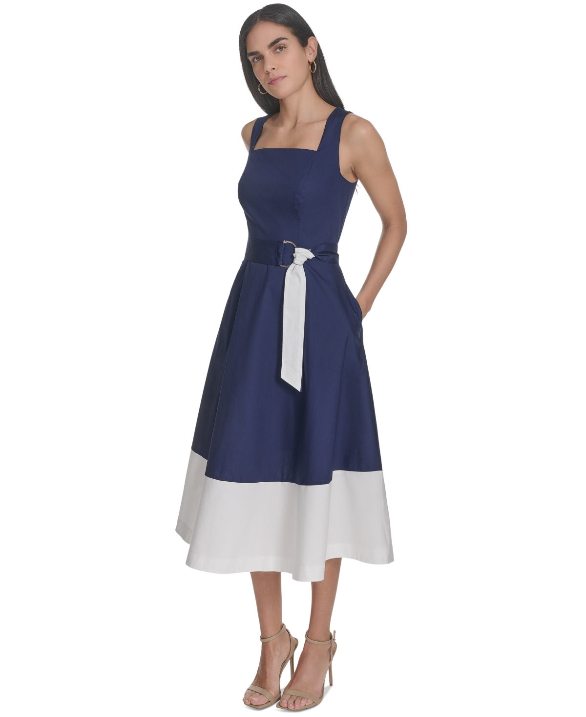 Jessica Howard Women's Cotton Color-blocked Tie-waist Midi Dress