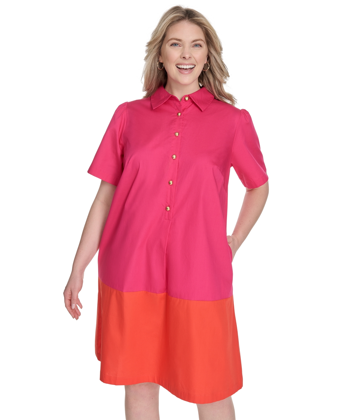 Jessica Howard Plus Size Cotton Colorblocked Shift Shirtdress In Pink