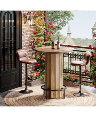 Round Bar Table, 39.4" H Wood Bistro Pub Table with Metal Ring Footrest for Dining Coffee Cocktail Living Room, Small Space(Only Table)