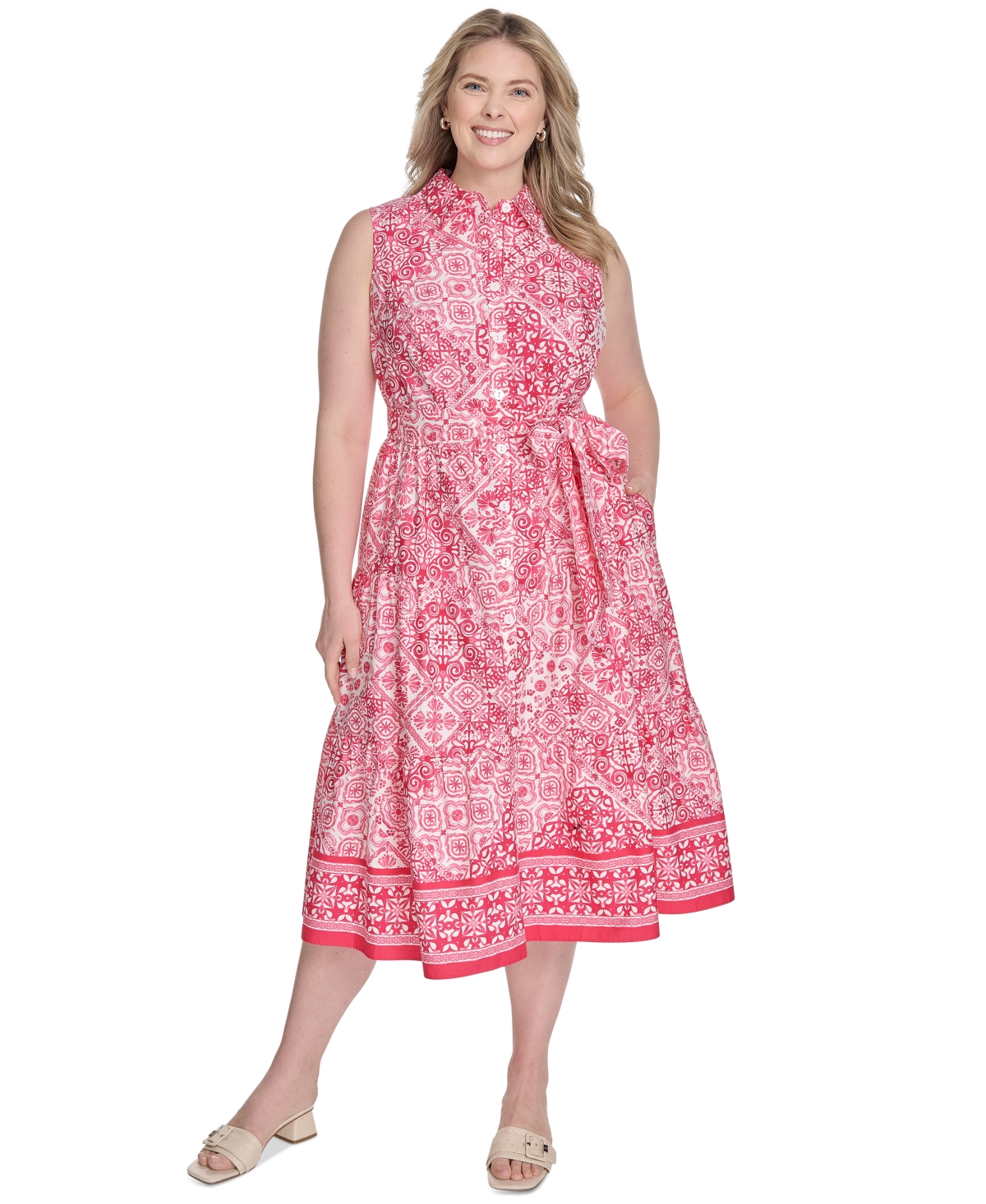 Jessica Howard Plus Size Printed Tie-waist Sleeveless Midi Dress In Pink