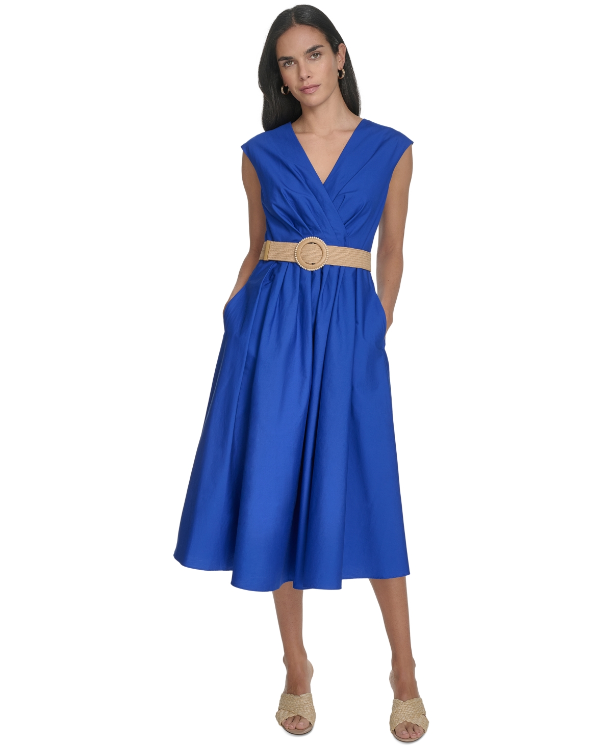 Jessica Howard Petite Cotton V-neck Belted Midi Dress