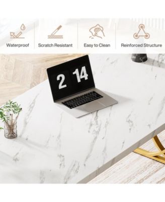 63-Inch Computer Desk, Modern Executive Desk with Gold Metal Legs, Large Sturdy Writing Table for Home Office, White and Gold