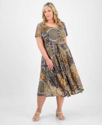 Plus Size Printed Tie-Waist Midi Dress