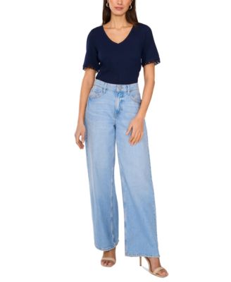 Women's Cotton V-Neck Crochet-Trim Top