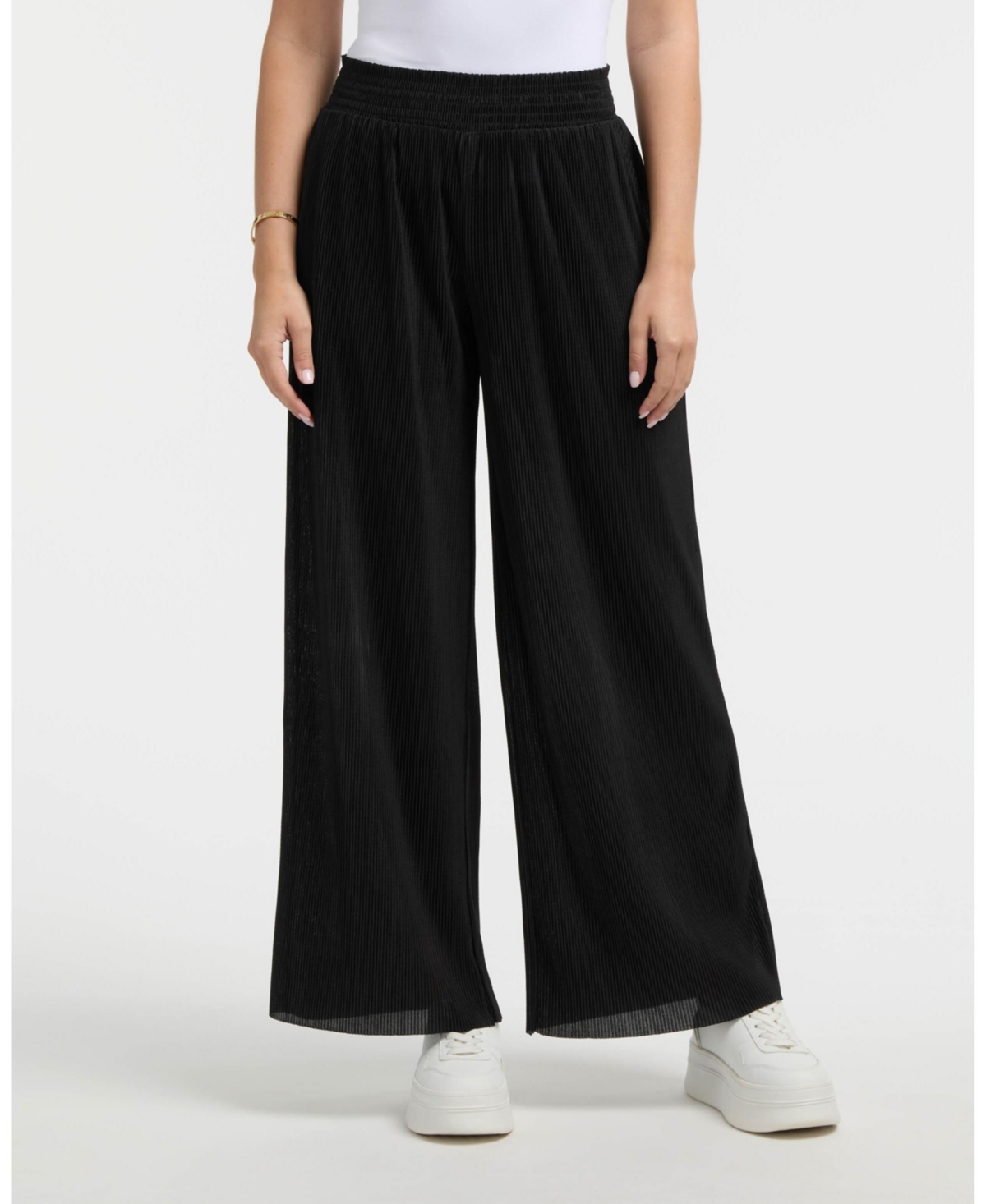 Women's Smocked Waist Wide Leg Plisse Pant - Black