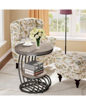 Round End Side Table Set of 2， 2 Tiers Side Table, Vintage End Table for Living Room, Small Bedside Table Accent Table with Arc-Shaped Frame