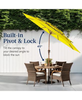 Woodgrain Pattern 10ft 3-Tier Solar Patio Umbrella w/ 24 LED Lights, Tilt