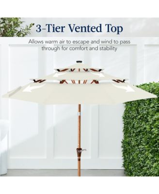 Woodgrain Pattern 10ft 3-Tier Solar Patio Umbrella w/ 24 LED Lights, Tilt