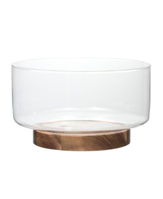 Wildgreens Large Glass Salad Bowl Set with Acacia Wood Base and Acacia Serving Utensils