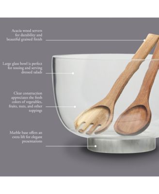 Wildgreens Large Glass Salad Bowl Set with Marble Base and Acacia Serving Utensils