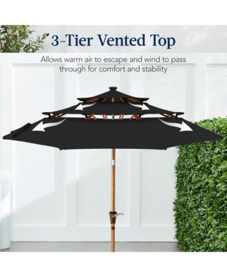 Woodgrain Pattern 10ft 3-Tier Solar Patio Umbrella w/ 24 LED Lights, Tilt