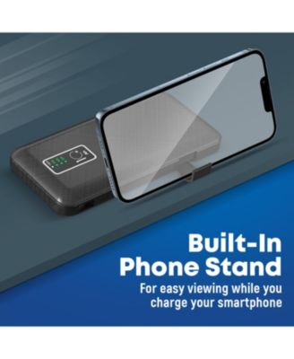 10,000mAh Rapid Charging Power Bank with LCD Battery Display, 4 Built-In Cables, and Phone Stand