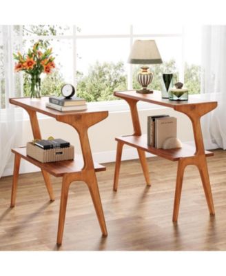 Set of 2 Narrow Side Table for Living Room, Farmhouse Slim End Table with Storage Shelves, for Bedroom, Small Spaces, Easy Assembly