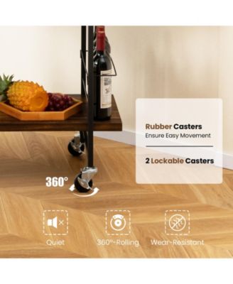 32" 2-Tier Powder-Coated Metal Lockable Wheels, Handle, Guardrails, Rust-Resistant Home Bar Cart