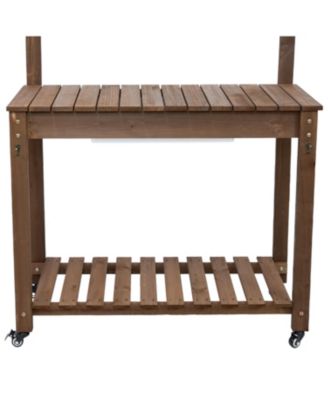 Wooden Wheeled Garden Potting Bench with Dry Sink, Storage Shelves, and Tool Hooks - Brown