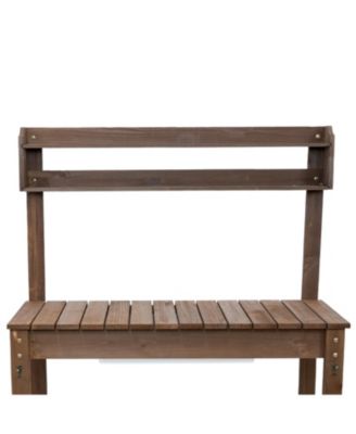 Wooden Wheeled Garden Potting Bench with Dry Sink, Storage Shelves, and Tool Hooks - Brown