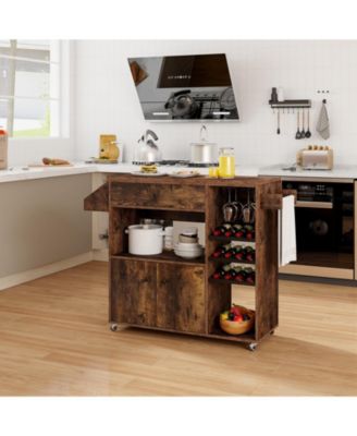 Drop Leaf Mobile Kitchen Island Cart with Power Outlet and Adjustable Shelf