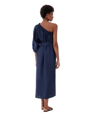 Women's Sardinia Navy Linen One Shoulder Dress