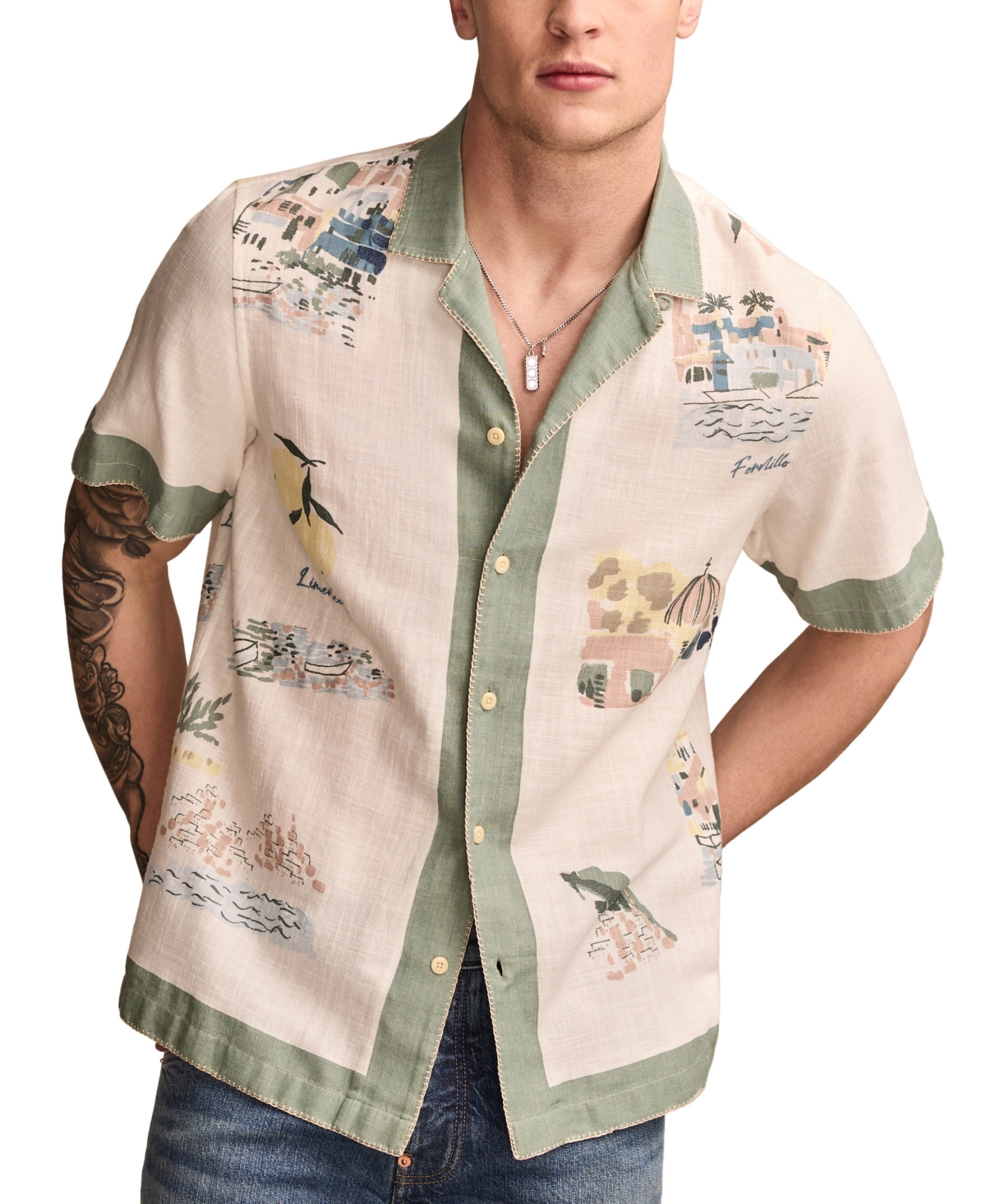 Men's Short Sleeve Button Front Printed Camp Shirt - Cream Multi