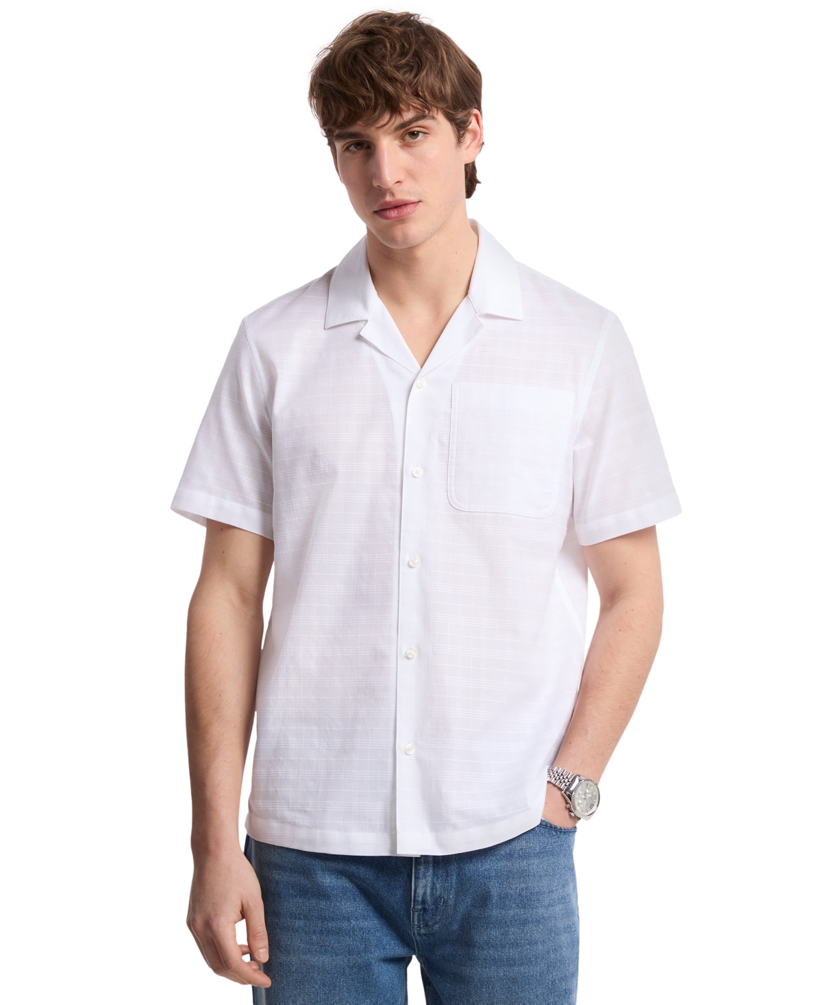 Men's Relaxed Fit Voile Dobby Short Sleeve Check Button-Front Camp Shirt - White