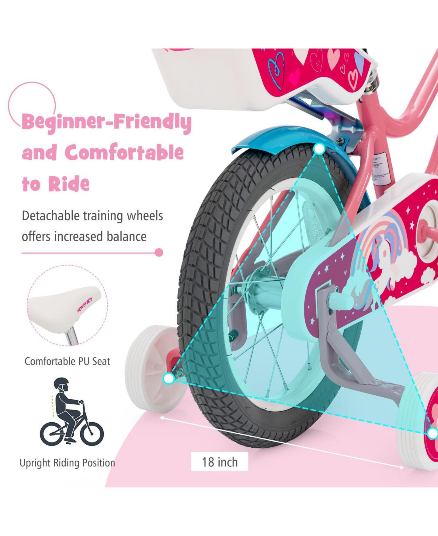 Детская игрушка Mecale Adjustable Kids' Bicycle with Training Wheels and Basket, Ages 3-9, цвет: Розовый — фото 3